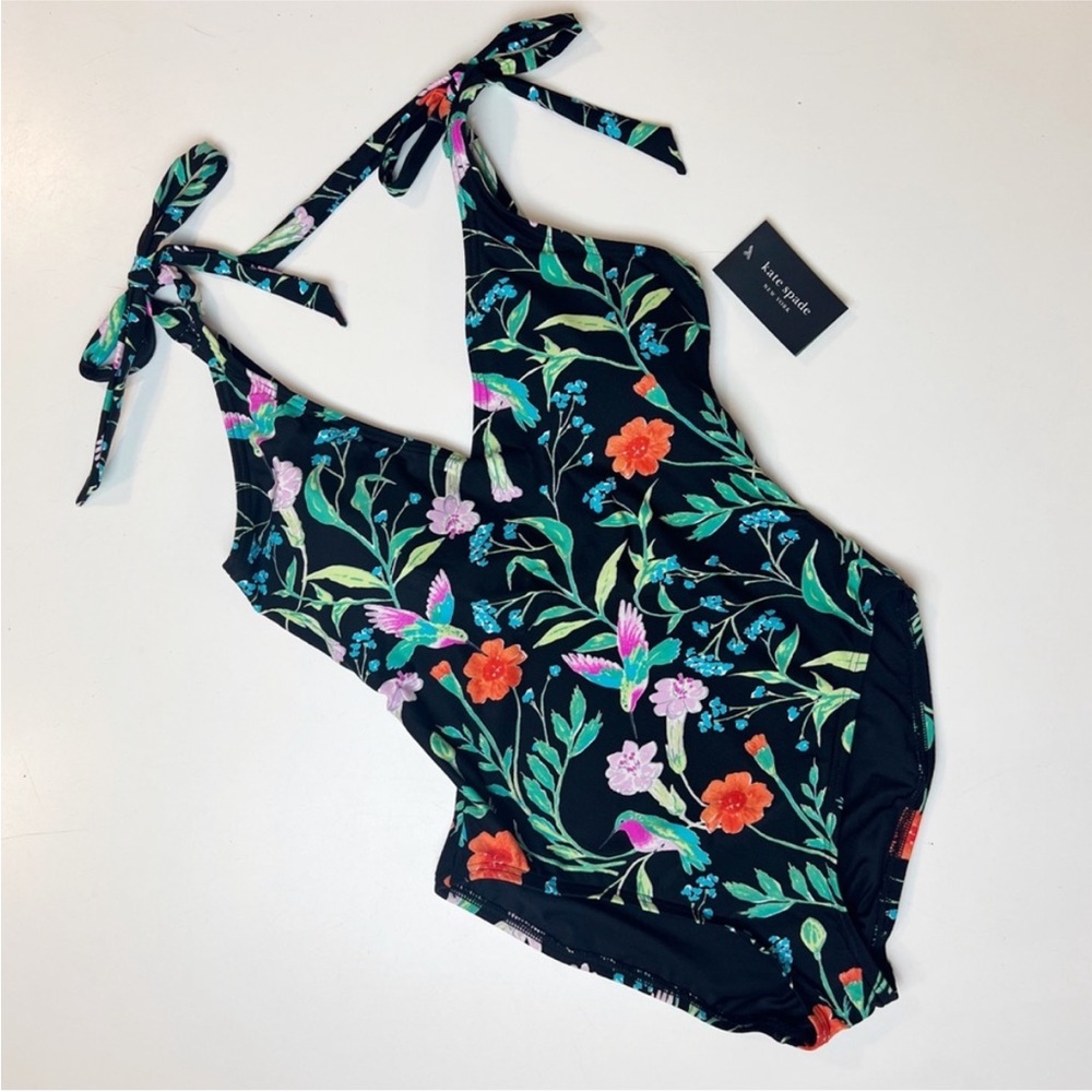 Kate Spade Black Floral Hummingbird Shoulder Bow Tie V-Neck Swimsuit